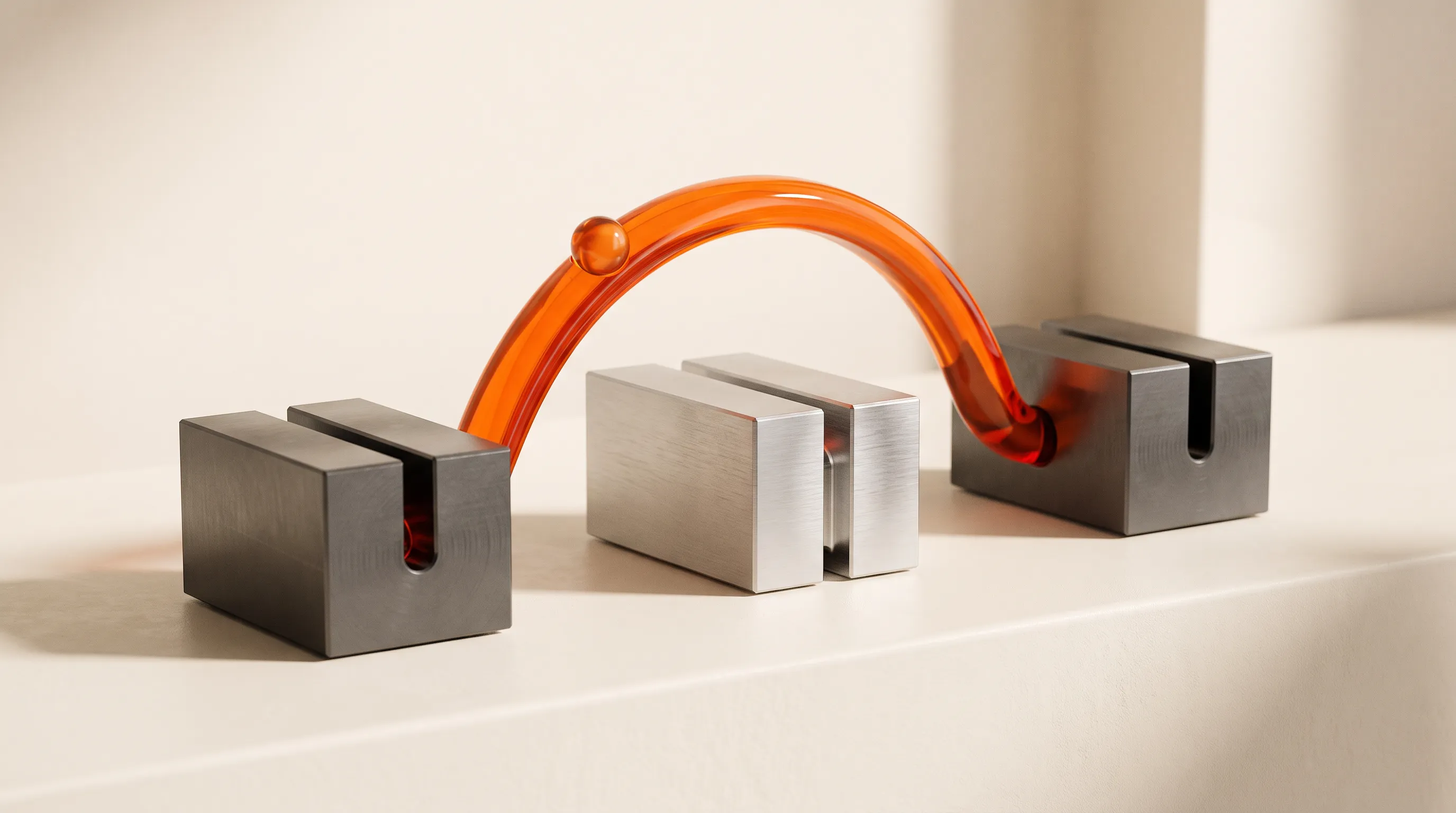 Conceptual silver blocks connected by an orange transaction path