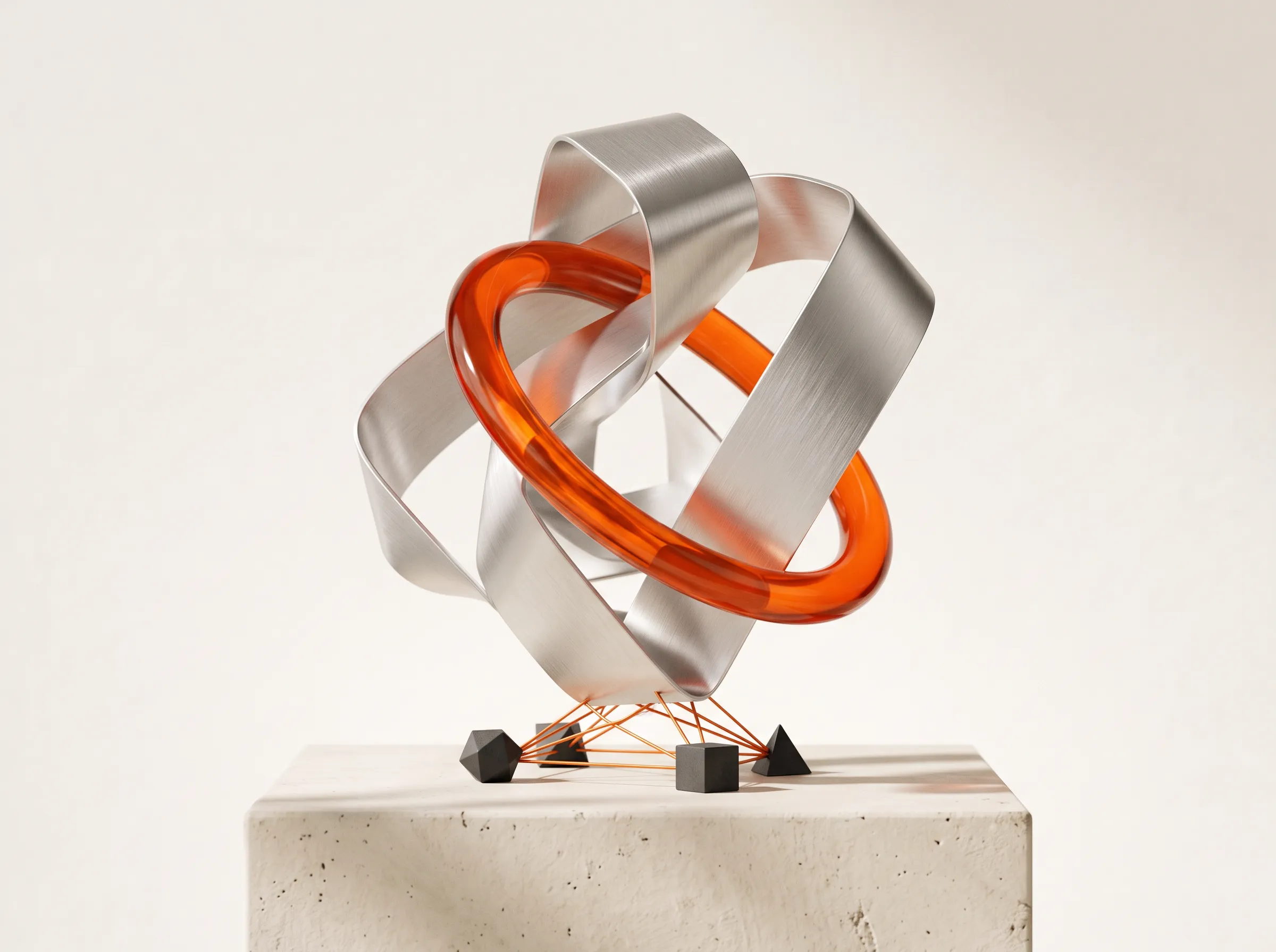 Interlocking silver and orange sculpture representing connected AI systems