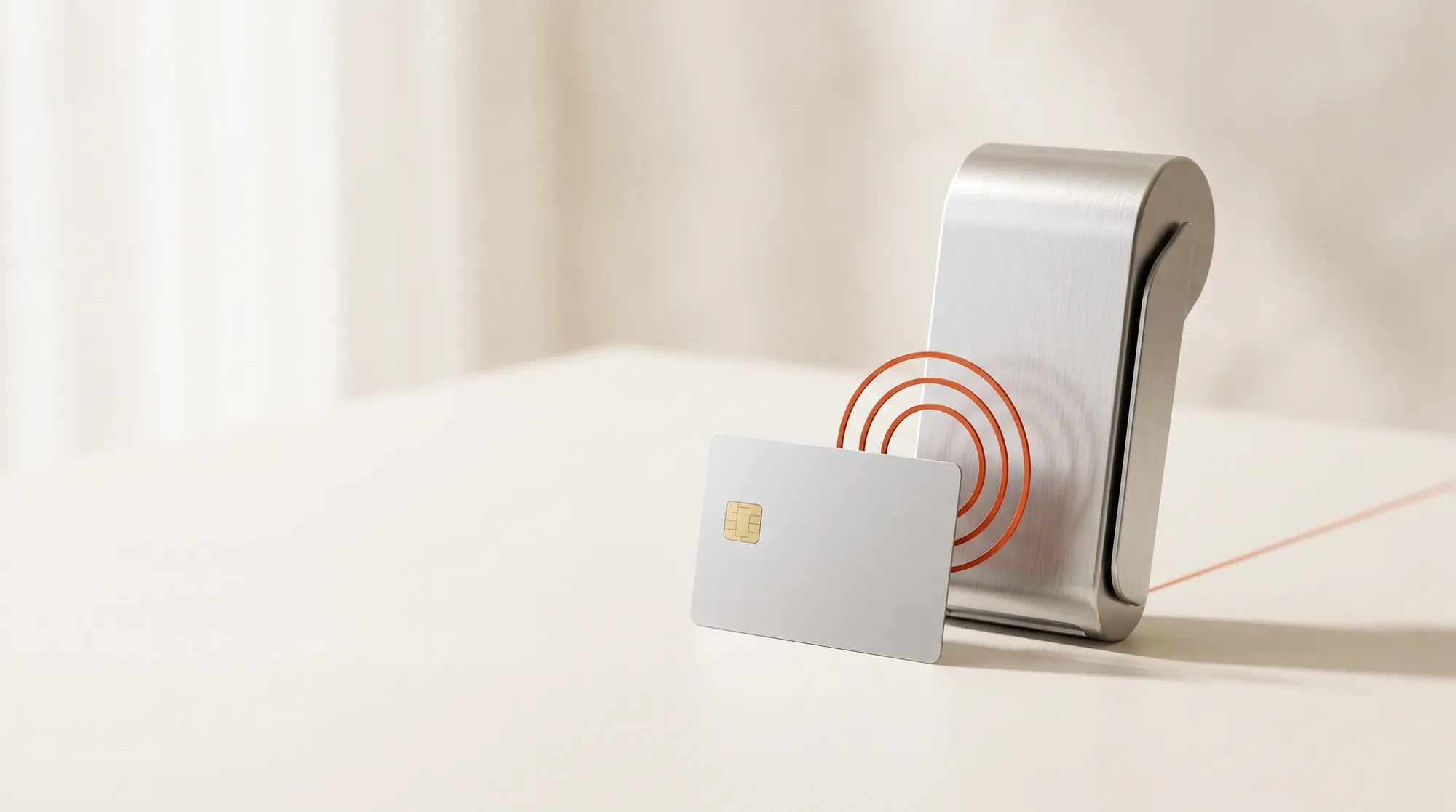 Illustration d’un terminal de paiement argenté et d’une carte avec des ondes sans contact orange
