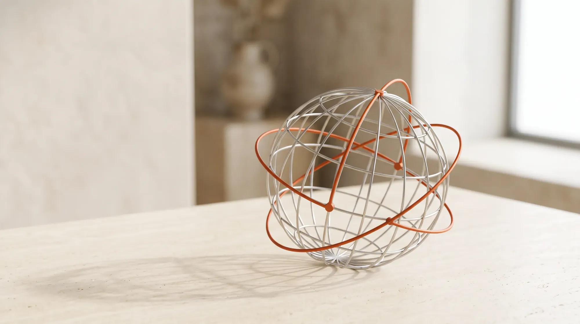 Illustration d’un globe filaire argenté entouré d’arcs orange